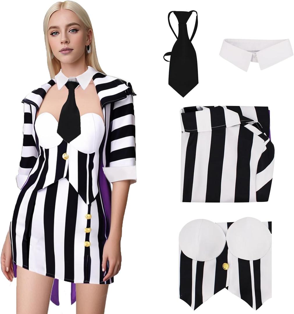 Poboola Beetle Juice Cosplay Black And White Costume Bombshell Halloween Costume For Women Striped Corset Style Gothic Dress L, X-Large