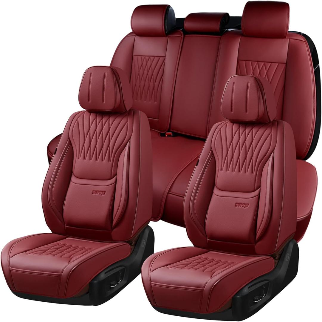 Full Set Car Seat Covers (Front & Rear) | Leatherette Protectors | Universal Fit for Sedans, SUVs, Trucks (WineRed)