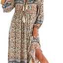 R.Vivimos Women's Long Sleeve Floral Print Retro V Neck Tassel Bohemian Midi Dresses, Size L