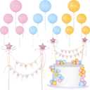 16 Pcs Happy Birthday Cake Topper Cake Bunting Topper Banner with Wood Pole Rainbow Garland with Bow Ribbon Balloon Cupcake Decor for Birthday Baby Shower (Pink,Blue,Yellow)