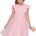 Haloumoning Girls Tutu Dress Ruffle Short Sleeve Fluffy Summer Party Tulle Dress for Kids 7-8Y (Pink)