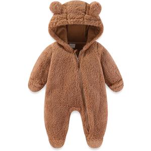 UVIPC Newborn Baby Bear Fleece Outfit Footie Jumpsuit Winter Romper Snowsuit outfit Bear Suit Warm Hooded Outfits, Size 3-6 Months