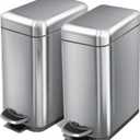 Home Zone Living 2-Pack 1.3 Gallon Small Bathroom Trash Can with Lid and Step Pedal, Stainless Steel Wastebasket with Slim Design for Home and Office, Silver, 5 Liters