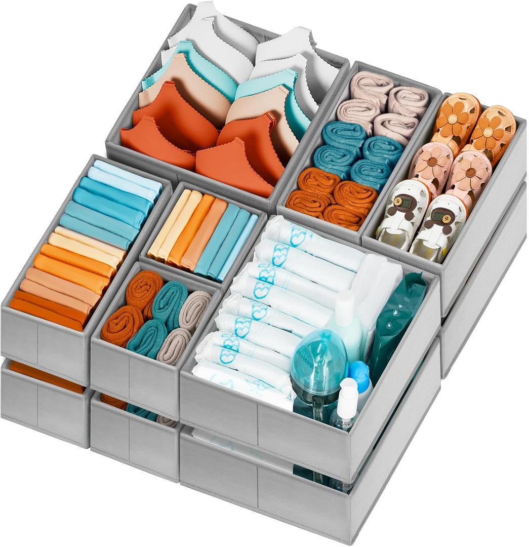 Criusia Drawer Organizer Clothes 12 Pack -Dresser Organizer Bins for Closet Bedroom - Baby Clothes Organizers and Storage for Nursery Organization -Drawer Organizer Divider for Sock Underwear-Grey