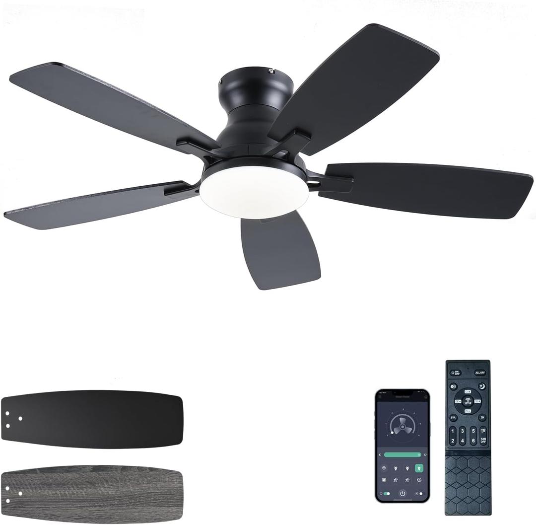 Ceiling Fans with Lights, 42 Inch Low Profile Ceiling Fan with Light and Remote Control, Flush Mount, DC Reversible Motor, Noiseless, Black 6 Speeds Ceiling Fan for Bedroom (42 inch, Black)