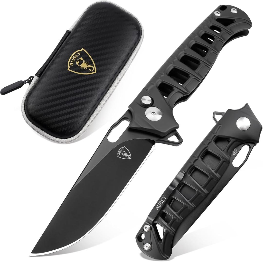 AUBEY Folding Pocket Knife, 3.54" 14C28N Steel Blade Knife with Button Lock and Clip, Sharp EDC Knives for Outdoor Camping Survival Tactical (Skeletonized Aluminum Handle)