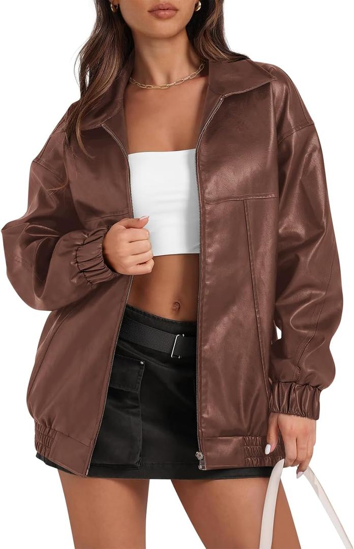 Yousify Women's Leather Jacket Oversized Faux Casual Zip Up Bomber Motorcycle Jacket Trendy Fall Winter Clothes S-XXL