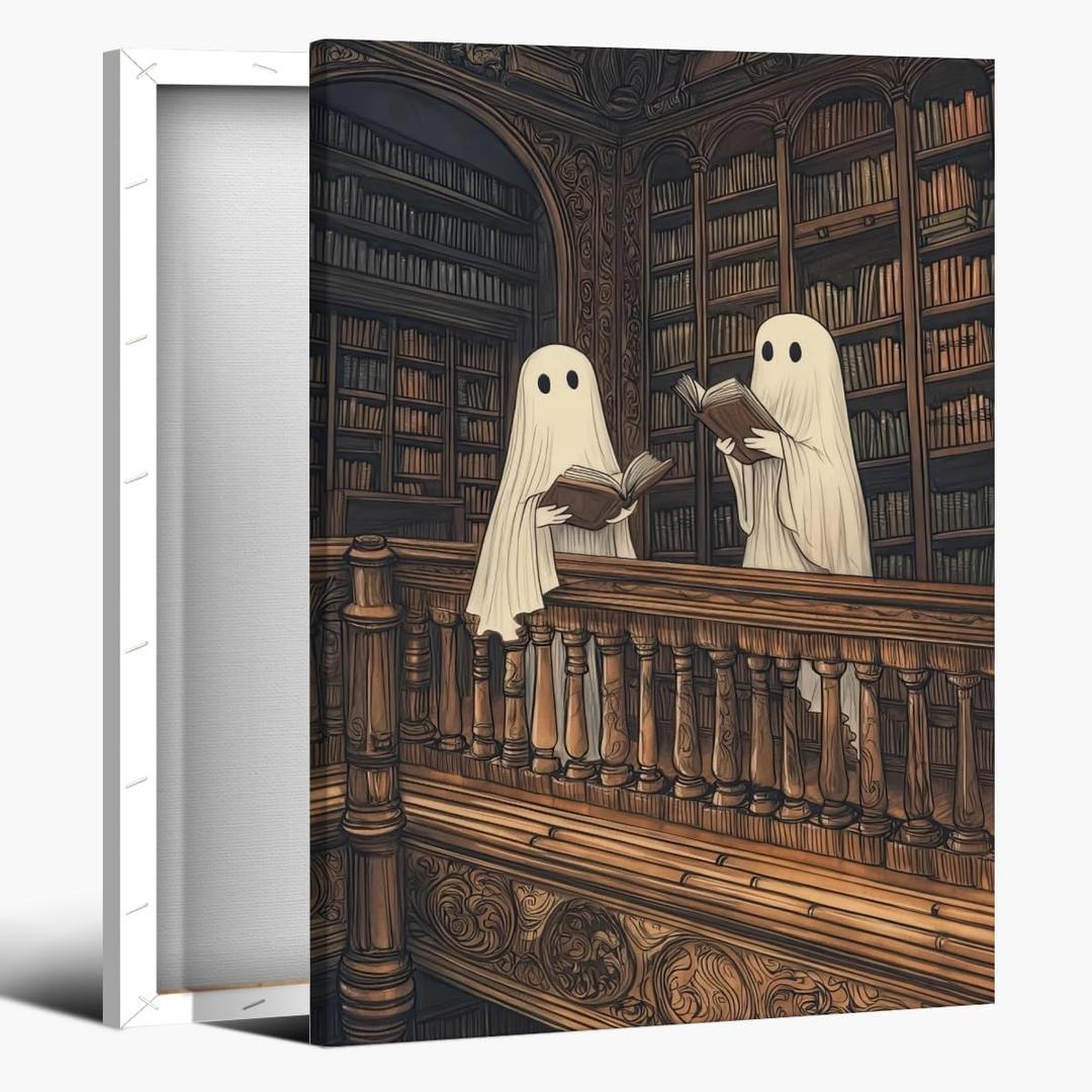 vintage halloween wall art Two cute ghosts in a library Canvas print romantic dark academia moody cottagecore horror posters for Halloween Party House Room Decor 8x12inch Framed