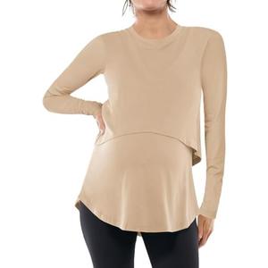 Tankaneo Womens Maternity Nursing Tops Long Sleeve Double Layer Breastfeeding Shirts Pregnancy Clothes L