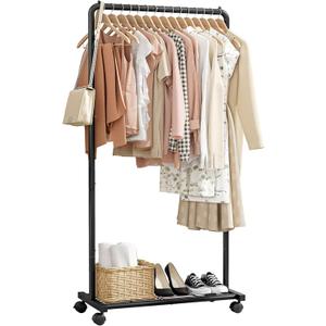 Sakugi Clothes Rack - Clothing Rack with Storage Mesh Shelf & Casters, Heavy-Duty Metal Clothing Rack for Hanging Clothes, Dresses, Coats, Large Load Capacity, Easy Assembly, Black, 28.0" x 16.9" x 59.0"