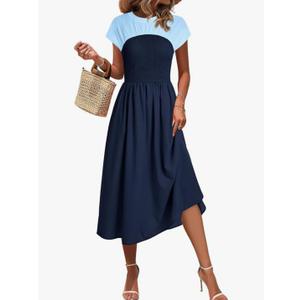 Wenrine Womens Casual Summer Midi Dress Smocked Cap Sleeve Crew Neck Color Block A Line Flowy Beach Dresses, S, Navy