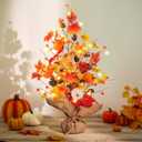 BLOSMON Thanksgiving Centerpieces for Dinner Table: 19.7 Inch Fall Indoor Home Decor Faux Tree with Timer 30 LED Lights - Artificial Pumpkin Berry Maple Leaf Pine Cone Trees Autumn Decoration (Orange & Red)