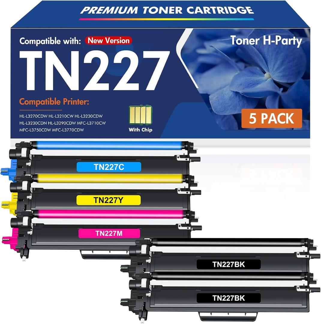 TN227 TN-227BK/C/M/Y High Yield Toner Cartridge: Compatible for Brother TN227BK/C/M/Y TN-223BK/C/M/Y TN-227 TN223 TN 227 MFC-L3770CDW MFC-L3750CDW HL-L3210CW HL-L3290CDW HL-L3270CDW Printer 5 Pack