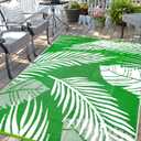 Waterproof Outdoor Rug 8x10ft, Green Leaf Reversible Plastic Straw Mat for Patio RV Deck Porch Backyard Balcony Camping Picnic Beach Indoor Outdoor Carpet, Green&White