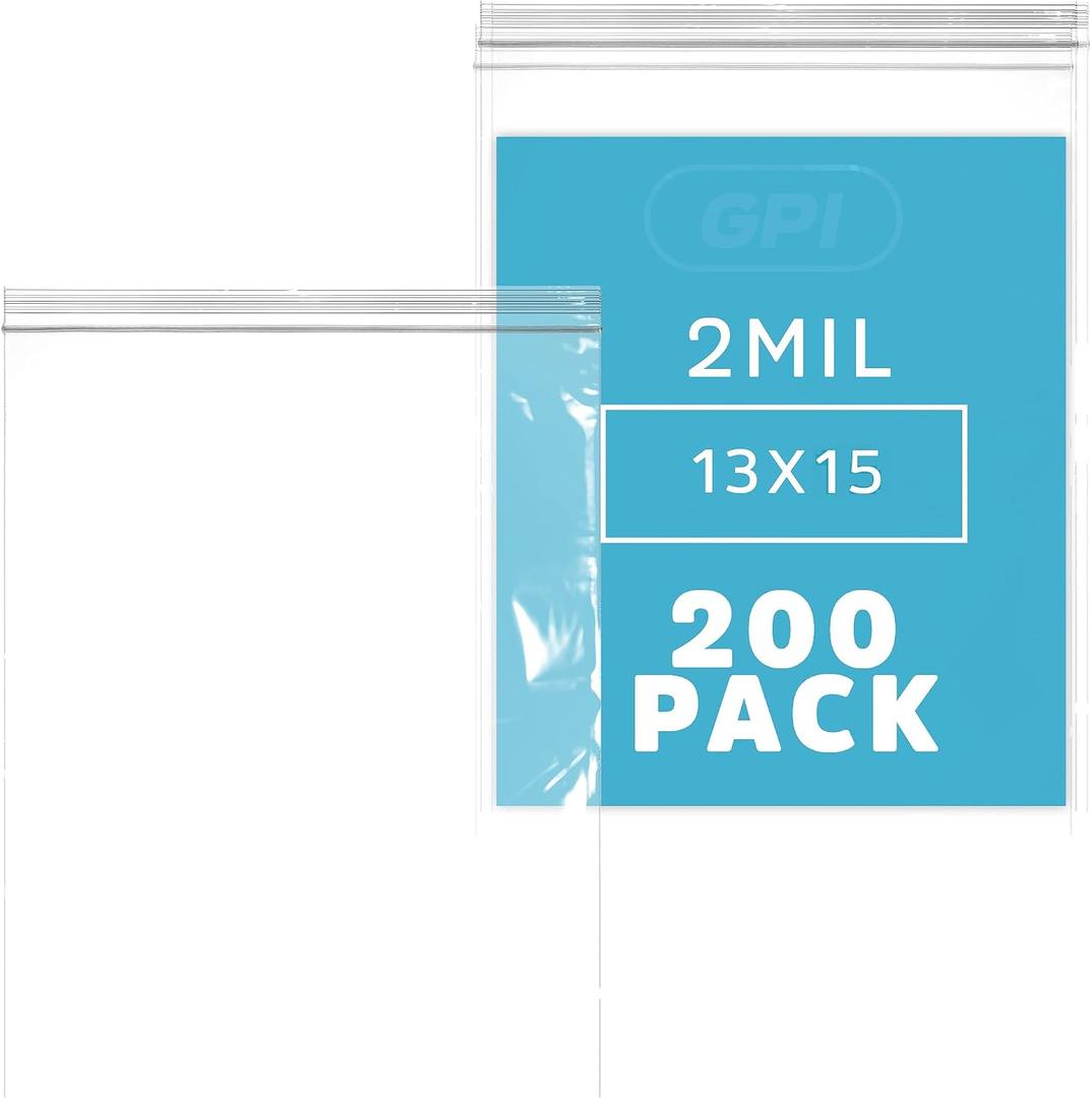 GPI - 2 Gallon Zip Bags, 13" x 15" Large Reclosable Lock Zip Bags, Clear Plastic Zipper Storage Bags with Zip Top Lock for Freezer, Clothing, Food, Documents & Supplies - 200 Count