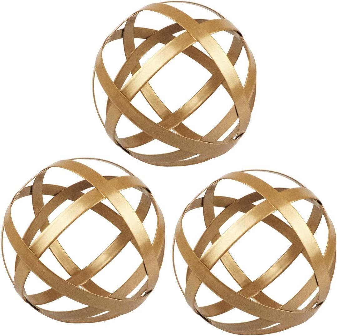 YIYA Gold Decorative Sphere Set of 3 - Metal Ball Decoration - Metal Band Decorative Ball - Metal Ball Table Decor for Living Room Bedroom Kitchen Office Coffee Table Desk