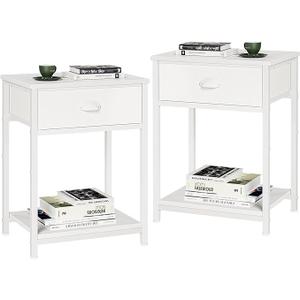 Furologee White Nightstands Set of 2, End Table with Fabric Drawer, Small Side Table for Small Spaces, 2 Tiers Storage Shelves End Table, Bedside Table for Living Room, Bedroom, Dorm