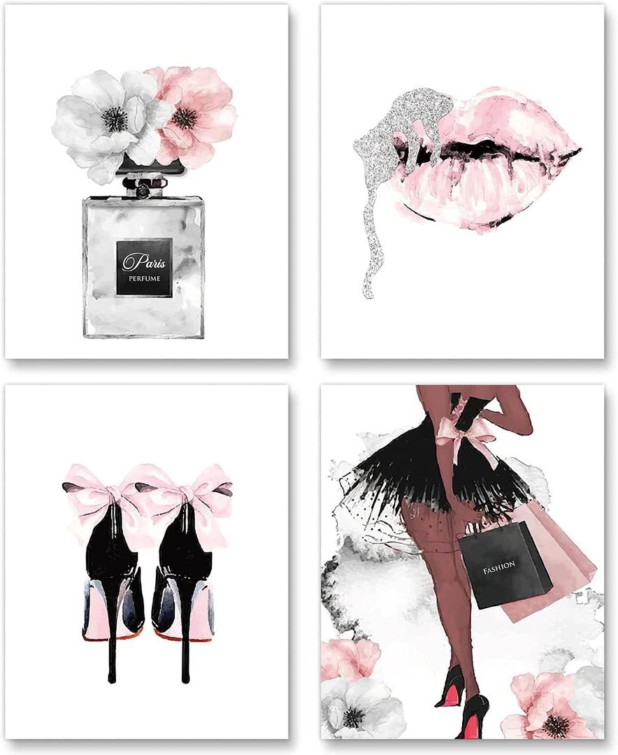 Watercolor Fashion Women Wall Art Glam Poster Modern Artwork for Girls Bedroom Pink Flowers Perfume Handbag High Heel Lips Paintings for Women Room Bathroom Gift (8x10 inchSet of 4Unframed)