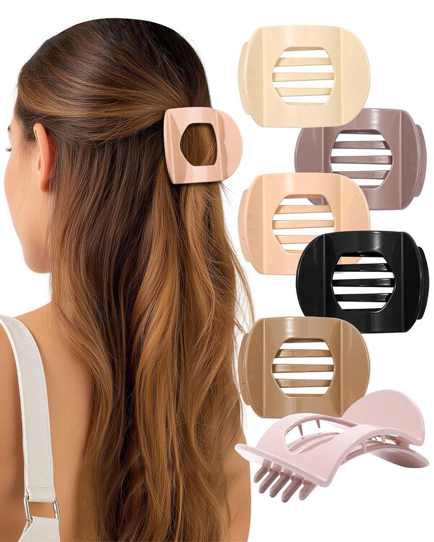 AWAYTR 6Pcs Flat Hair Clips for Women Strong Grip Curved Claw Clip for Thin Hair Non-slip Plastic Hair Barrettes (Light Khaki + Flesh Pink + Beige + Dark Curry + Black + Brown)