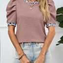 Tankaneo Womens Puff Short Sleeve Tops Summer Dressy Casual Crew Neck Work Blouses 2026 Leopard Loose Fit T Shirt (M)