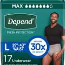Depend Fresh Protection Adult Diapers, Incontinence Underwear for Men, Disposable, Maximum, Large, Grey, 17 Count,
