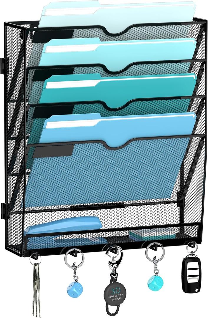 5 Tier Wall File Organizer - Hanging File Organizer with 5 Hooks, Mail Holder Wall Mounted for Papers, Folders, Magazines, Bills, Office & School Organization, Black