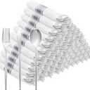 SUT 100 Pack Pre Rolled Silverware Set Disposable, 400 Pcs Silver plastic utensils Include 100 Forks, 100 Knives, 100 Spoons, 100 Napkins, Plastic Cutlery, Wrapped Silverware Set Disposable for Party