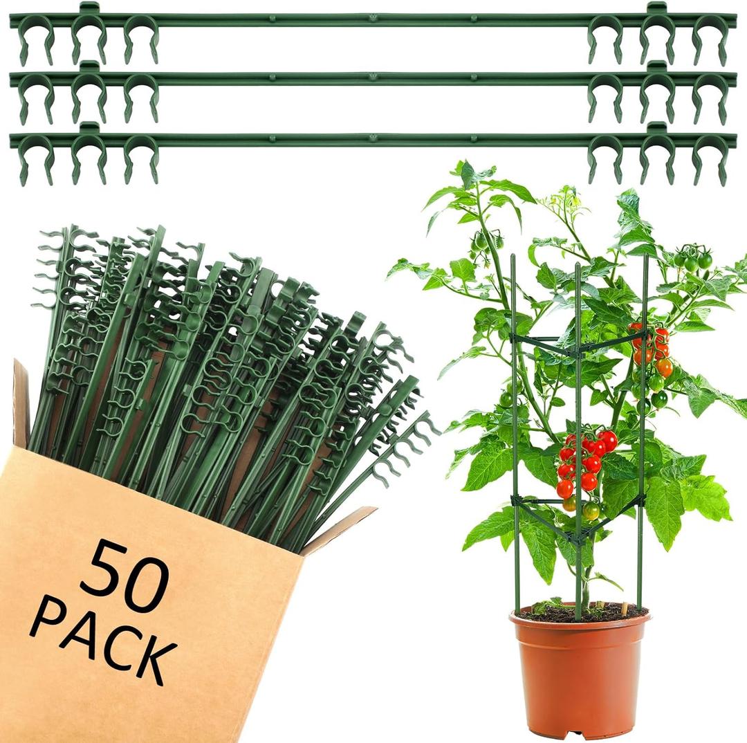 50 Pcs Stake Arms for Tomato Cage, 11 Inches Expandable Trellis Connectors with 6 Buckles Tomato Cage Trellis Connector for Tomato Cage, Climbing Plants Attach 11mm Diameter Plant Stake