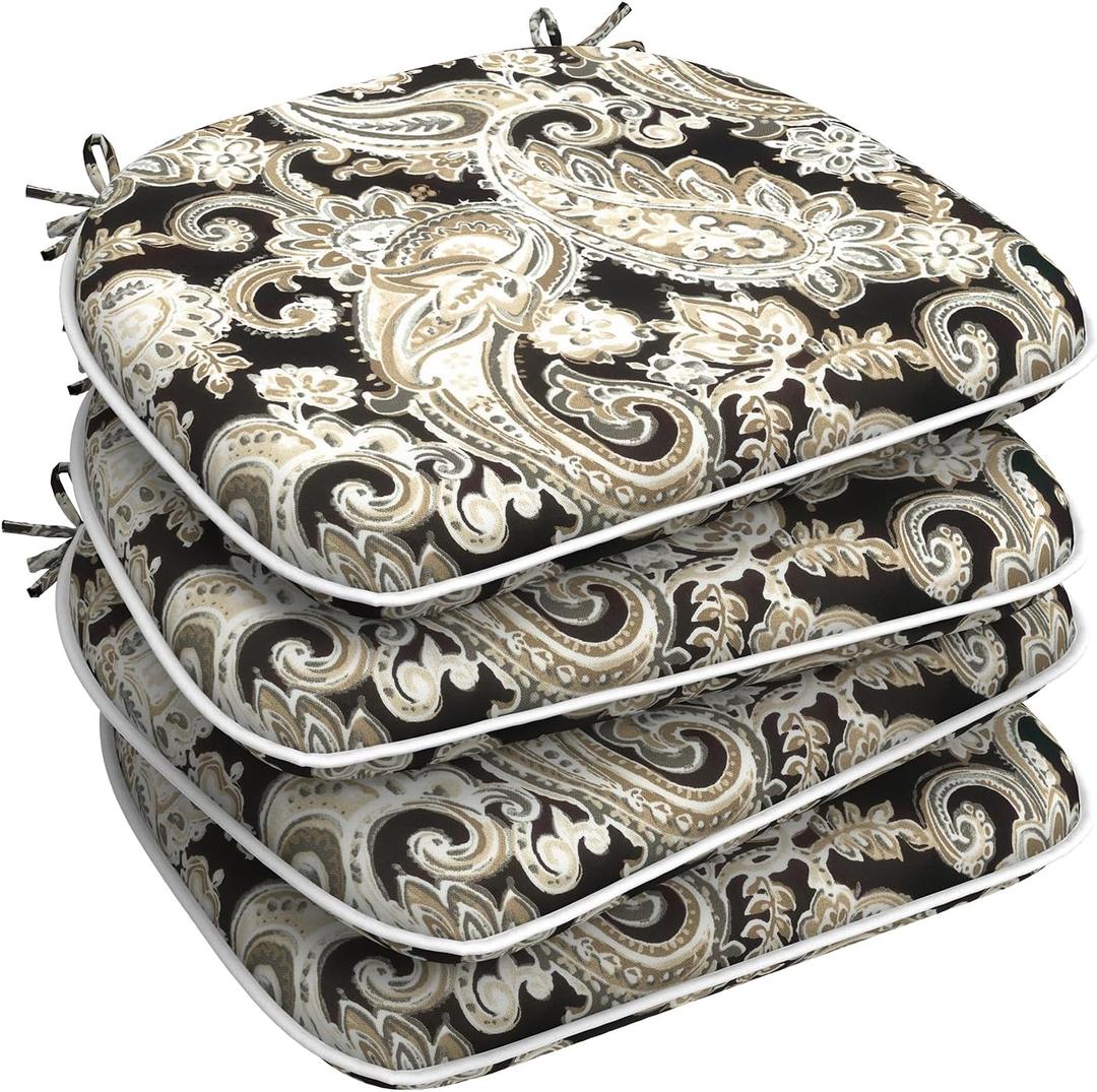 LVTXIII Set of 4 Outdoor Chair Cushions for Patio Furniture, Water Repellent Patio Chair Cushions 17"x16" with Ties, U-Shaped Dining Chair Pads for Garden Kitchen Use, Paisley Black