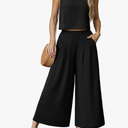 Lepunuo Womens Summer 2 Piece Outfits Sleeveless Crop Top Flowy Wide Leg Pants Matching Sets Vacation Beach Travel Outfits M