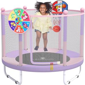 LANGXUN 60" Trampoline for Kids, 5ft Toddler Mini 6-in-1 Trampoline Indoor Outdoor with Swing, Basketball Hoop, Dart Board, Rings, Christmas Toys Birthday Gifts for Girls Boys (Purple & Pink 3- in-1)