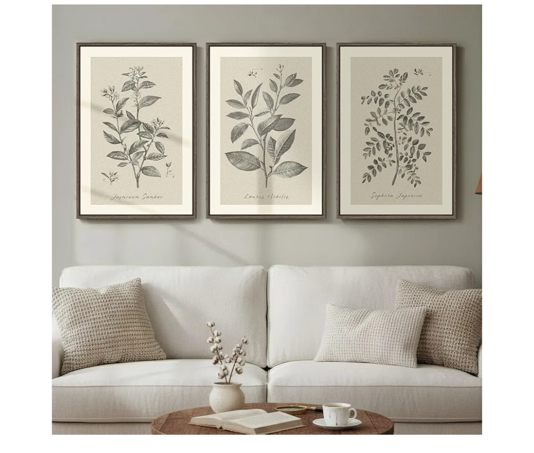Framed Vintage Botanical Wall Art, 3 Piece Neutral Floral Plants Canvas Painting Prints Artwork for Living Room, Rustic Flowers Pictures for Farmhouse Bedroom Kitchen Dining Room Home Decor, 16x24