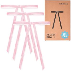 LaRibbons 24 Pcs Pink Velvet Bows for Christmas Tree, Door, Garland, Wreath, 3/8" Wide, 5"x7", Vintage Style