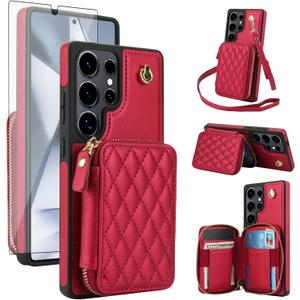 Phone Case for Samsung Galaxy S25 Ultra 5G Wallet Cell Cover with Tempered Glass Screen Protector Wrist Crossbody Strap RFID Blocking Card Holder TPU S25Ultra 25S S 25 25Ultra 6.9 2025 Women Girls Red