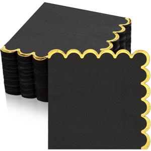 Janlaugh 50 Pcs Scalloped Cocktail Napkins with Gold Foil Edge Thick Paper Disposable Napkins Pastel Party Beverage for Wedding Dinner Birthday Party(Black,5 x 5 Inch)
