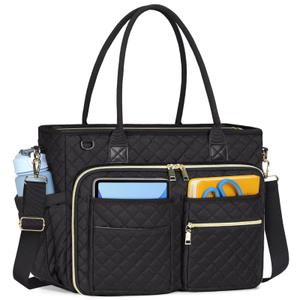 Multi-functional Quilted Tote Bag: 15.6" Laptop Work Bag, Nurse Bible Bag, Teacher Shoulder Handbag for School/Travel (Black)