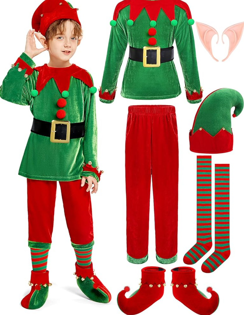 SOMSOC 7 Pack Kids Christmas Elf Costume Set Boys Velvet Elf Dress Up Santa's Helper Costume Xmas Festive Outfit, 11-13Y