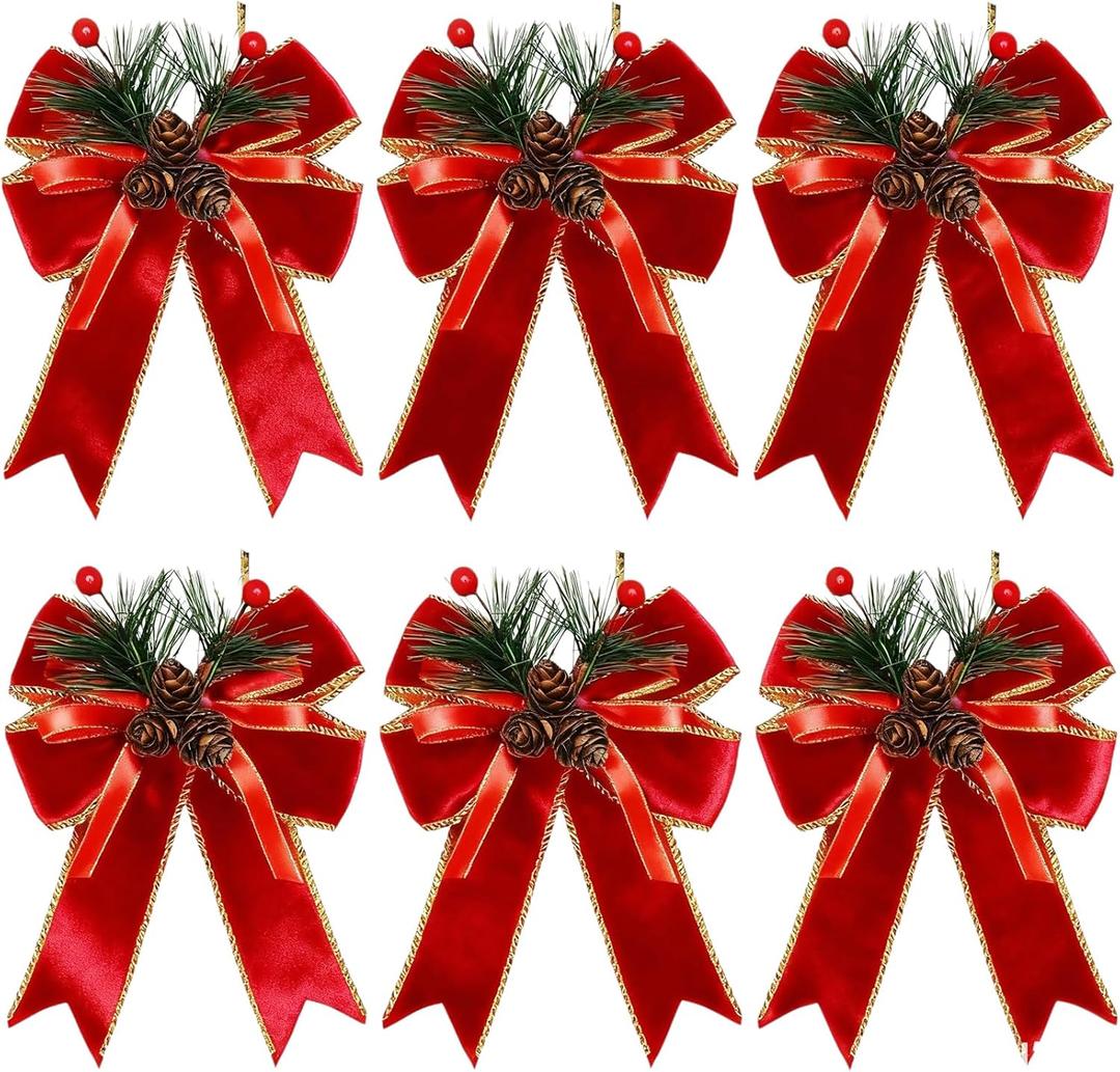 6 Pack Red Velvet Christmas Bows with Pine Cones & Pine Needles Large Holiday Ribbon Bows for Christmas Tree Wreath Gifts Indoor/Outdoor Party & DIY Decorations