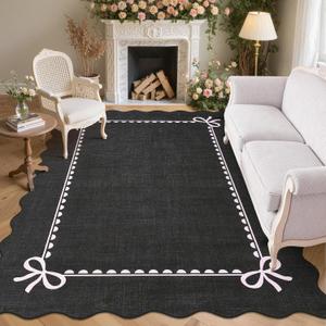 GarveeHome Scalloped Bow Rug for Living Room, Solid Rug for Dorm, Washable Rugs 8x10 Soft Low Pile Non Slip Scalloped Rugs for Nursery College Bedroom Decor Kids Room Playroom, Black Pink