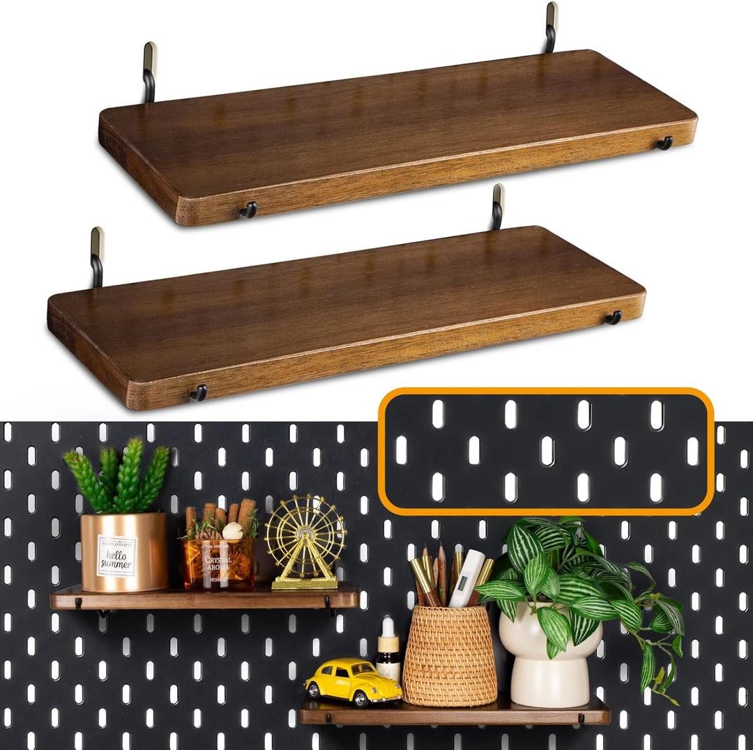 2 Pack Walnut Color Pegboard Shelf, Pegboard Accessories, Wooden Pegboard Shelves with Pegboard Hooks, Compatible with IKEA Skadis Pegboard