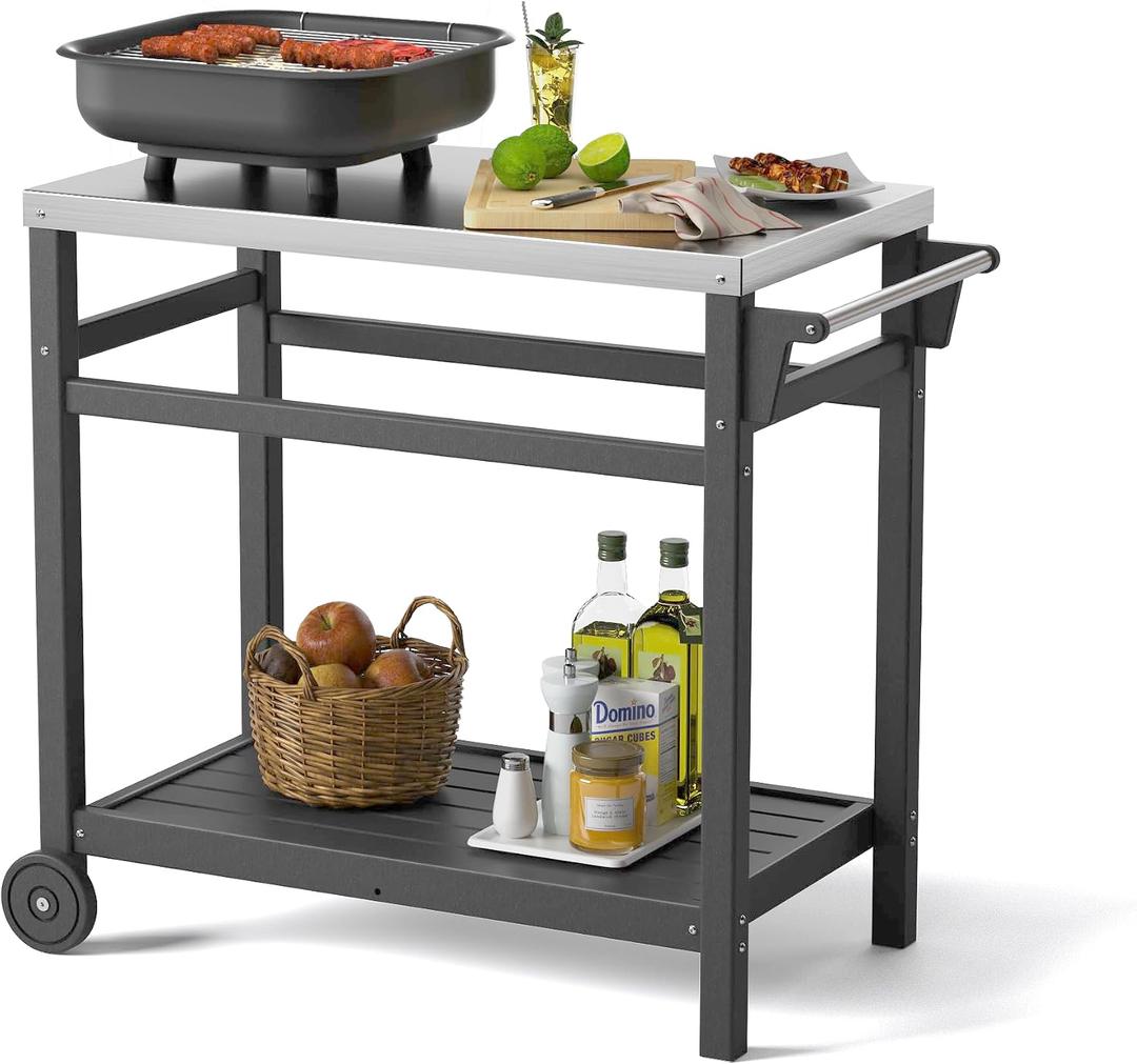 TORVA Outdoor Prep Grill Carts, 303 Stainless Steel Tabletop with High Load Capacity Portable BBQ Table, HDPE Durable Frame 2-Tier Storage Cart, Grey