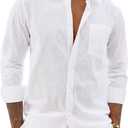 Alimens & Gentle Mens Cotton Linen Textured Shirt Long Sleeve Button Down Shirts Casual Summer Beach Wedding Tops with Pocket (XX-Large, White)
