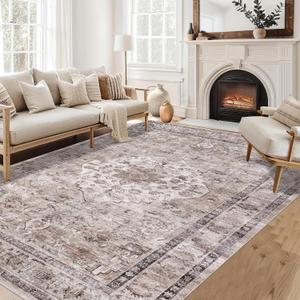 Pauwer Washable Area Rug 9x12, Large Boho Living Room Area Rugs, Soft Vintage Rug Carpet for Bedroom, Non Slip Low-Pile Distressed Accent Rug for Bedroom Dining Room Entryway Dorm Kitchen, Beige (9'x12', Beige)