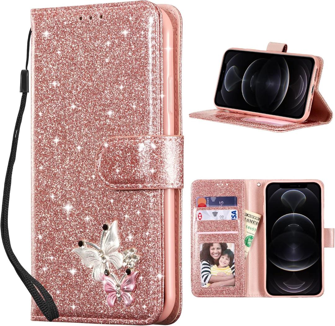 UEEBAI Wallet Case for iPhone 16 Pro, Glitter PU Leather Phone Cover Card Slots Kickstand Wallet Magnetic Closure Bling Flip Case Shockproof Hand Strap Flip Cover - Rose Gold