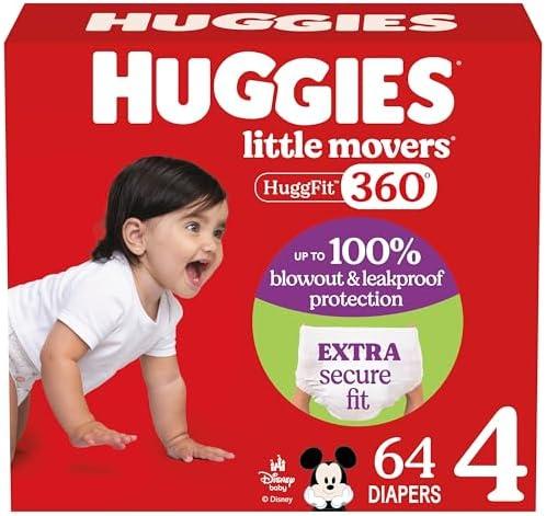 Huggies Size 4 Baby Diapers, Little Movers HuggFit 360° Baby Diapers with 360° Waistband, Size 4 (22-37 lbs), 64 Count, Packaging May Vary