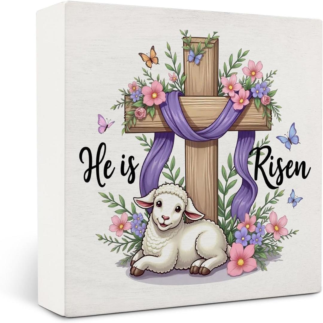 He Is Risen Christian Decor Wood Box Sign,Christian Easter Wooden Sign,Purple Religious Cross Lamb Wooden Signs,Spring Lily Flower Decor For Desk Tabletop Shelf Decoration 5x5 Inches