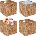 11x11in Storage Baskets 4 Pcs Square Baskets for Cube Shelf,Foldable Handwoven Water Hyacinth Storage Bins for Laundry Organizer