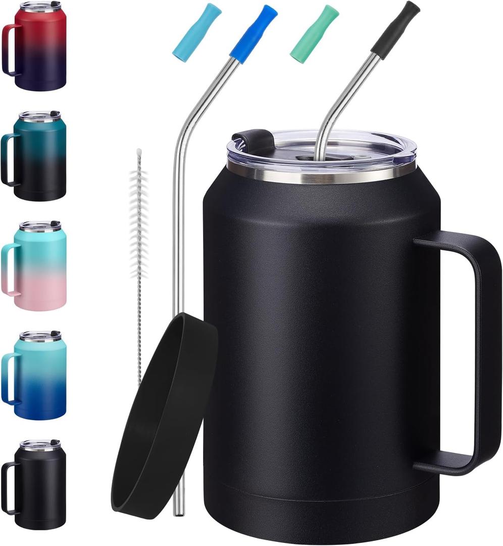32 oz Insulated Coffee Mug Tumbler - w/ Handle, 2-in-1 Straw & Chug Lid, Silicone Boot, Double Wall Vacuum Insulated Tumblers Cups 32oz, Leak Proof Stainless Steel Water Bottle Work Home Travel Mugs (Black)
