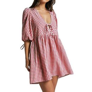 PINUPART Women's Summer Coverup Beach Picnic Gingham Puff Sleeve Tie Front Babydoll Mini Dress Red White Medium
