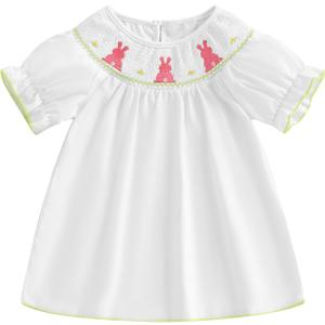 DSOKUHIB Toddler Baby Girl Easter Outfit Bunny Embroidery Smocked Dress Puff Short Sleeve Dresses Cute Infant Easter Clothes (White, 18-24 Months)